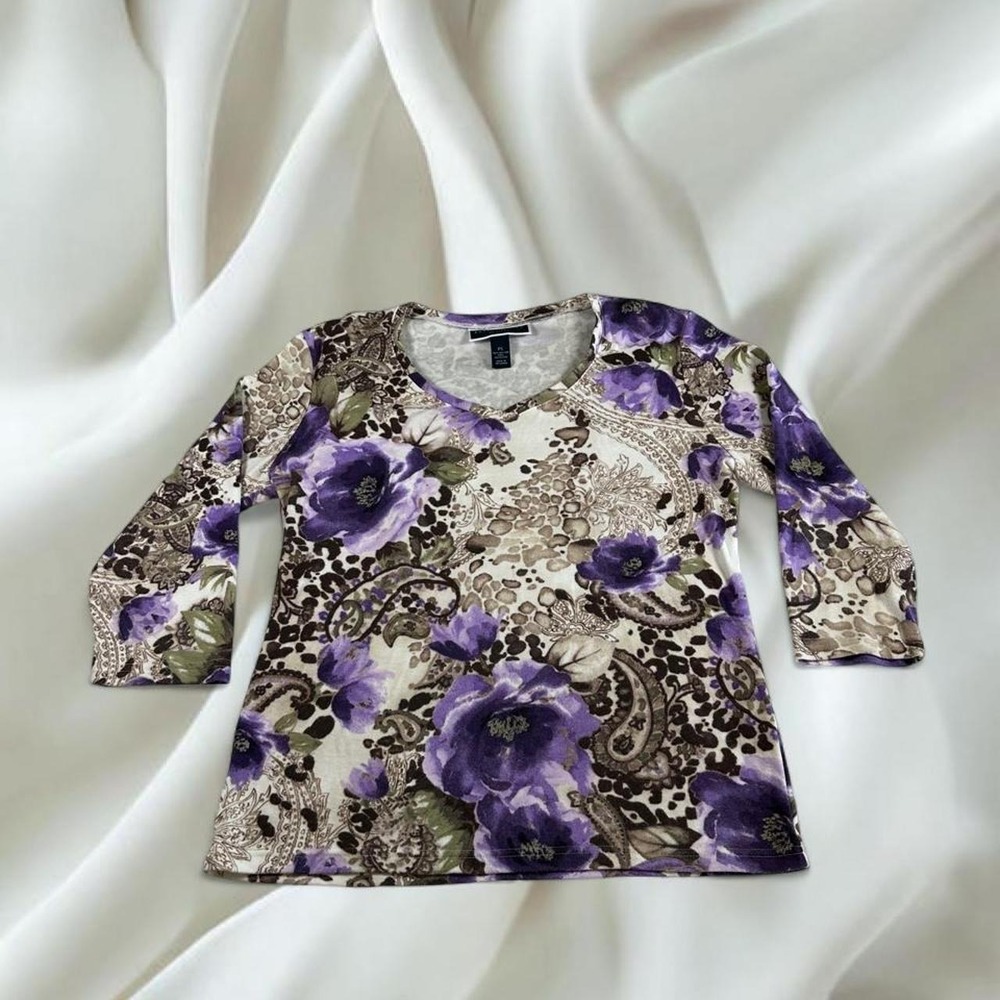 Karen Scott purple floral cheetah babydoll 3/4 sleeve top y2k vintage mcbling